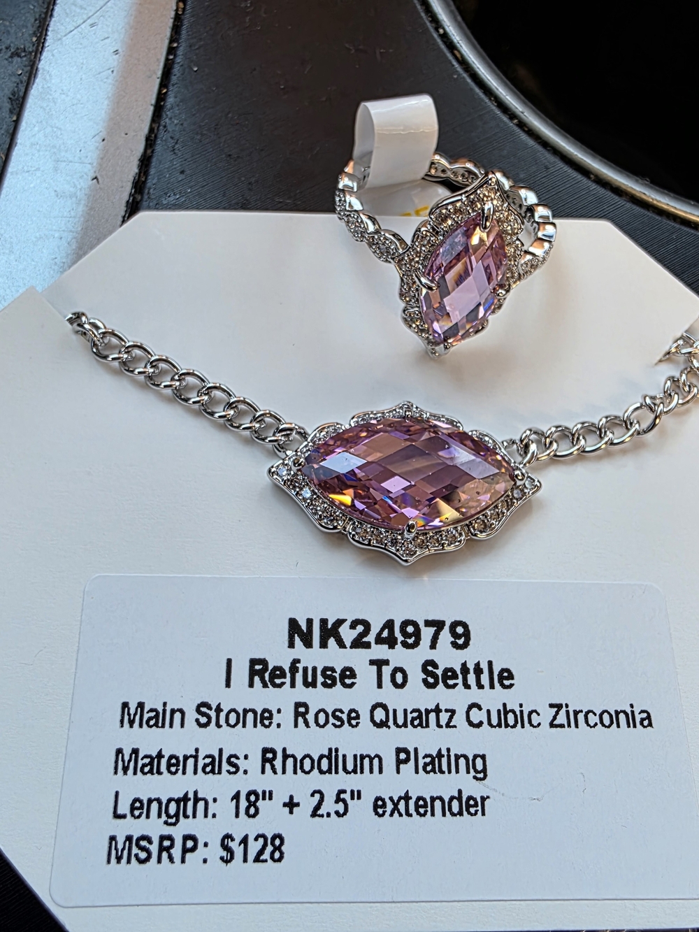 I Refuse To Settle Rhodium-Plated Necklace with Pink Marquise Stone
